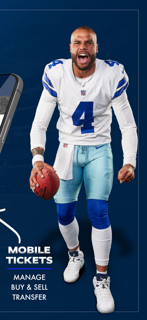Dallas Cowboys mobile tickets management feature screen with player Dak Prescott
