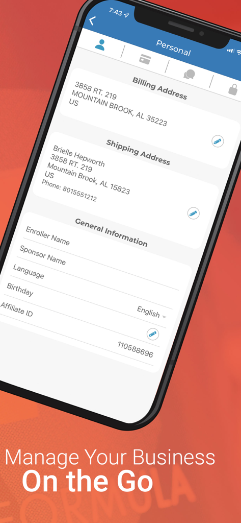 4Life - 4Life 앱 인터페이스에 모바일 장치에서 개인 프로필 정보와 비즈니스 관리 설정이 표시됩니다.