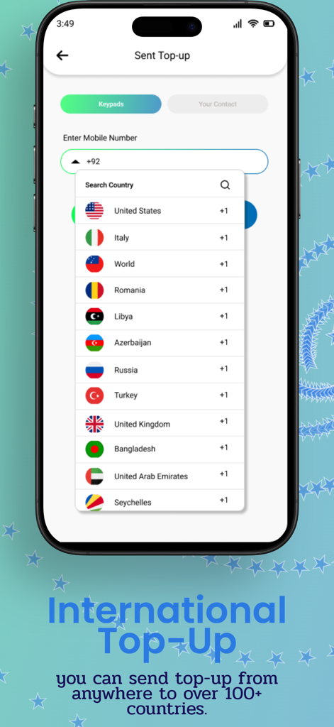 Easy Topup: Mobile Recharge - Easy Topup app interface showing a list of countries for sending international mobile recharges