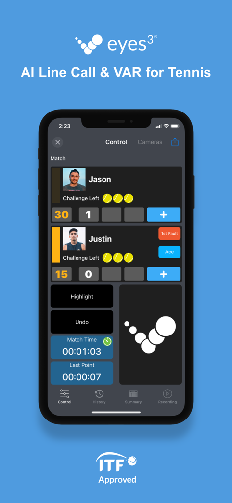 eyes3: AI LineCall and VAR - A mobile app interface for tracking tennis match scores and AI line call challenges.