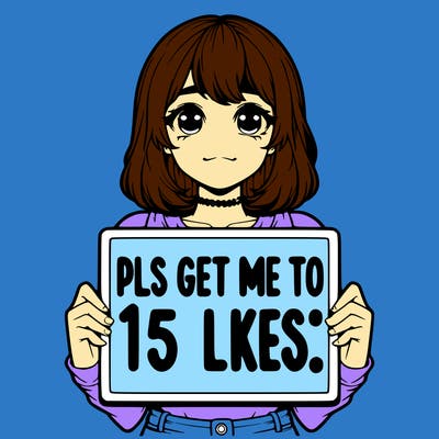 realistic girl holding up a sign that says “pls get me to 15 likes!”