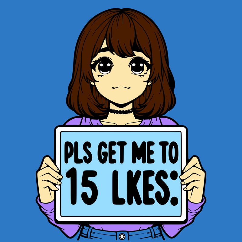 realistic girl holding up a sign that says “pls get me to 15 likes!”