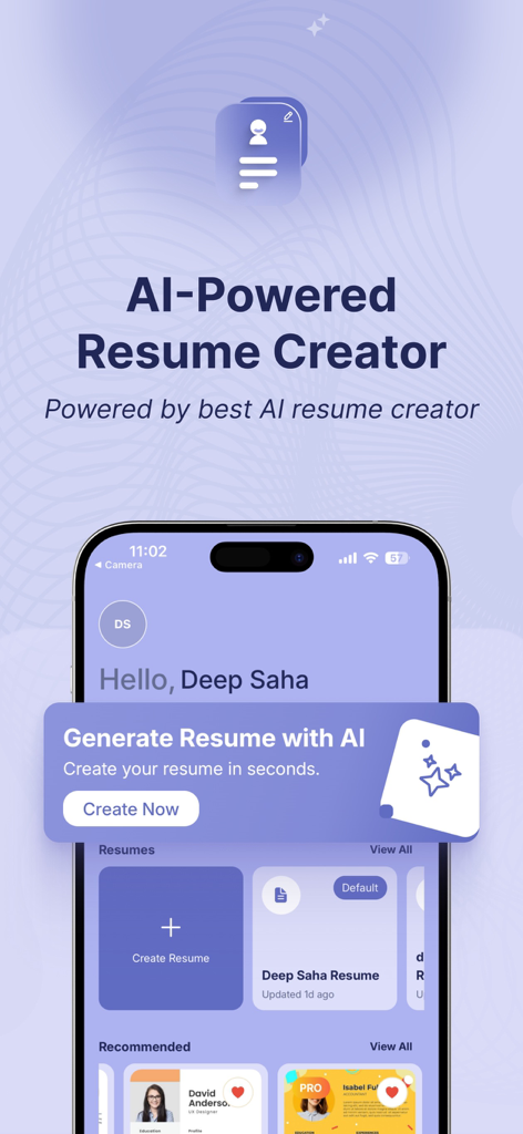 VibeCV-Mobile-App-Bildschirm mit KI-gestützter Lebenslauferstellung und professionellen Vorlagen