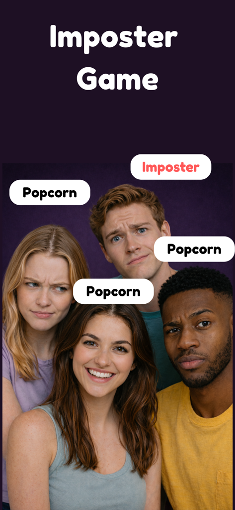 Imposter Game -Spy - Un grupo de amigos jugando al juego de fiesta de deducción social Imposter Game donde una persona está etiquetada como el impostor.