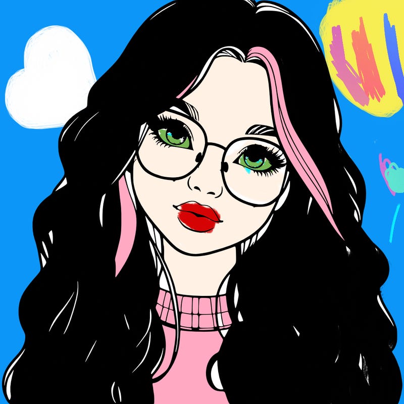 girl with long hair and freckles and glasses realistic