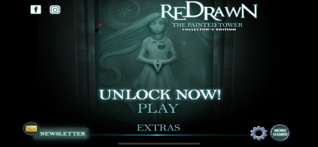 Das Hauptmenü des Abenteuerspiels ReDrawn The Tower mit dem Titel und einem Gemälde eines Mädchens.