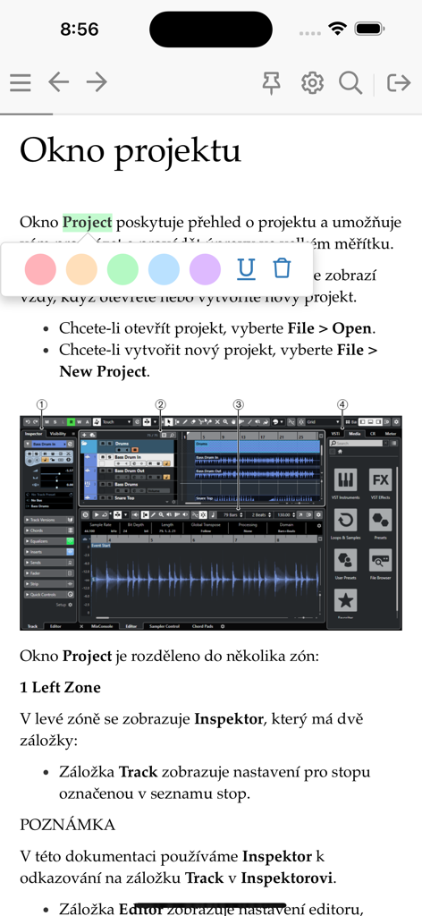 Publi - Technical manual page in the Publi app showing a software project window description with an active text highlighting and annotation menu