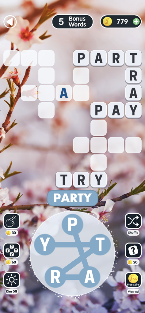 Word Swipe Connect: Crossword - A mobile crossword puzzle game showing a letter wheel and word grid against a serene cherry blossom background