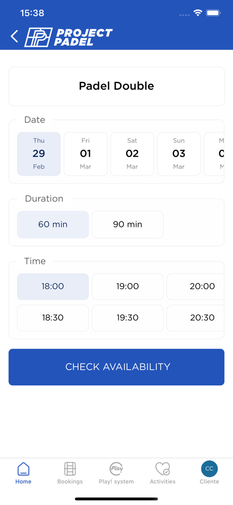 Interface mobile pour réserver un court de Padel Double montrant la sélection de la date, de la durée et de l'heure