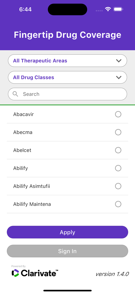 Tela de busca da Cobertura de Medicamentos na Ponta dos Dedos exibindo uma lista de medicamentos e filtros de área terapêutica