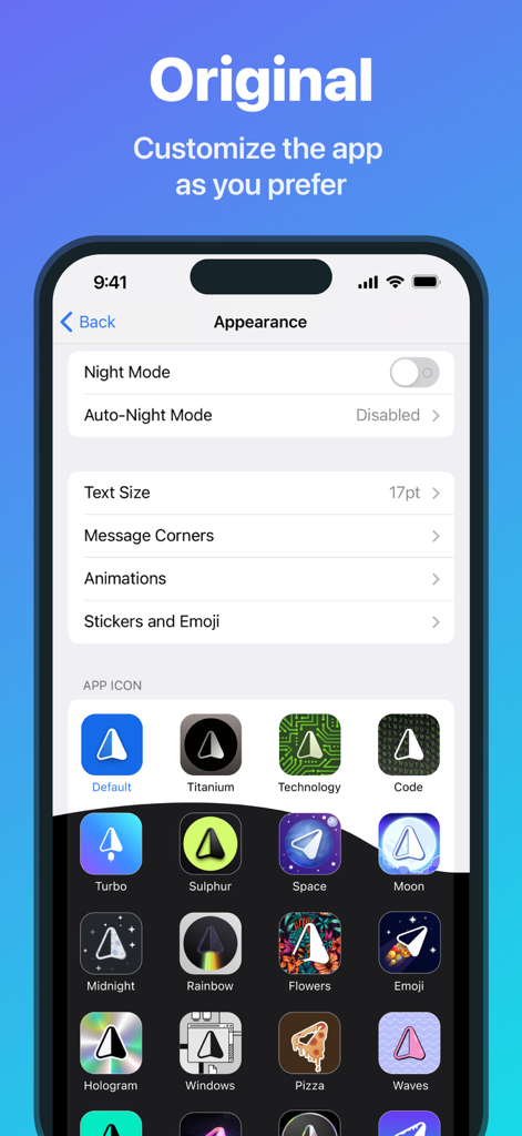 Configurações de aparência no iMe AI Messenger mostrando vários designs de ícones de aplicativo personalizados e opções de exibição