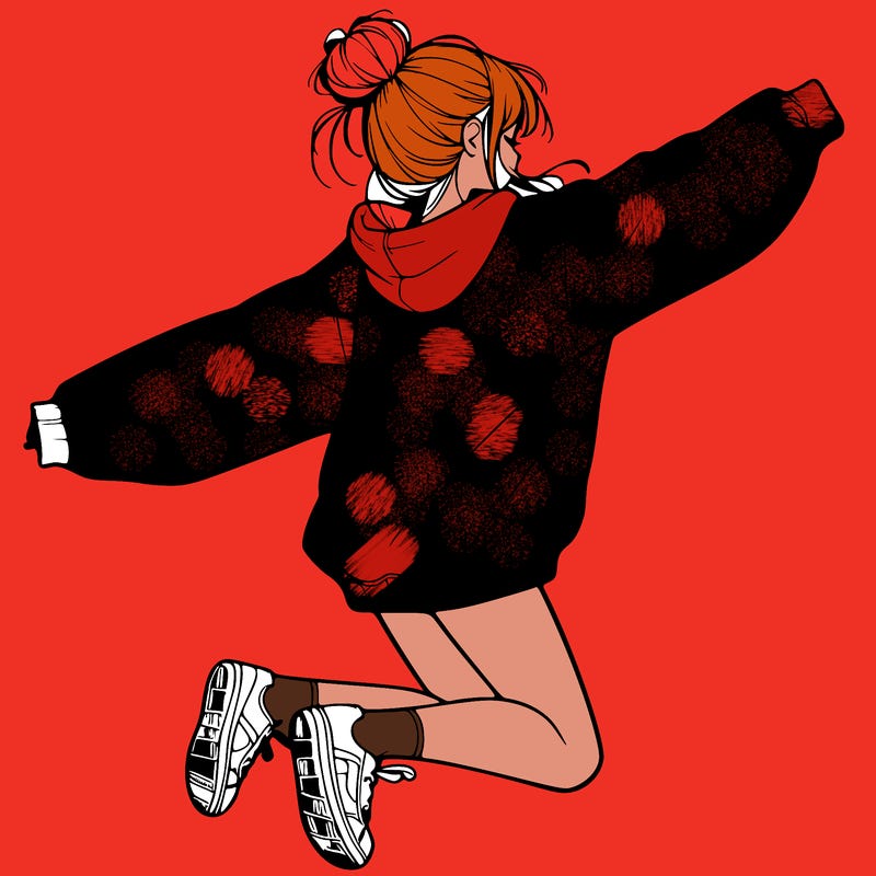 realistic girl jumping with a bun and oversized sweatshirt