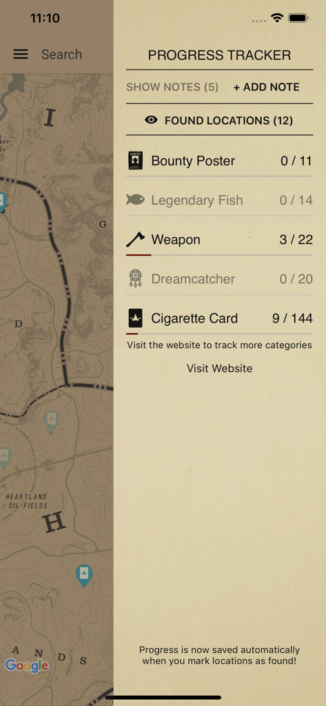 Unofficial Map for RDR2 - Progress tracker dashboard in the Unofficial Map for RDR2 showing collectible completion status