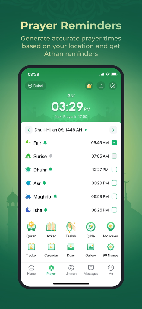 WeMuslim app interface showing daily prayer times and Islamic utility features