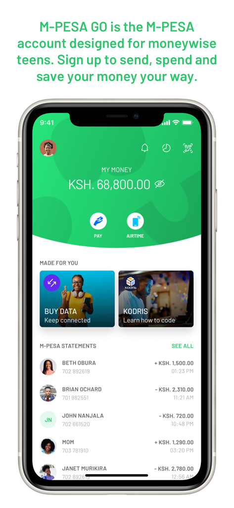 Interfaz de la app M-PESA mostrando un saldo en chelines kenianos y una lista de transacciones recientes.