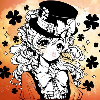 a manga-style girl with clovers around her, a little hat in her hair, like it's saint patrick's day