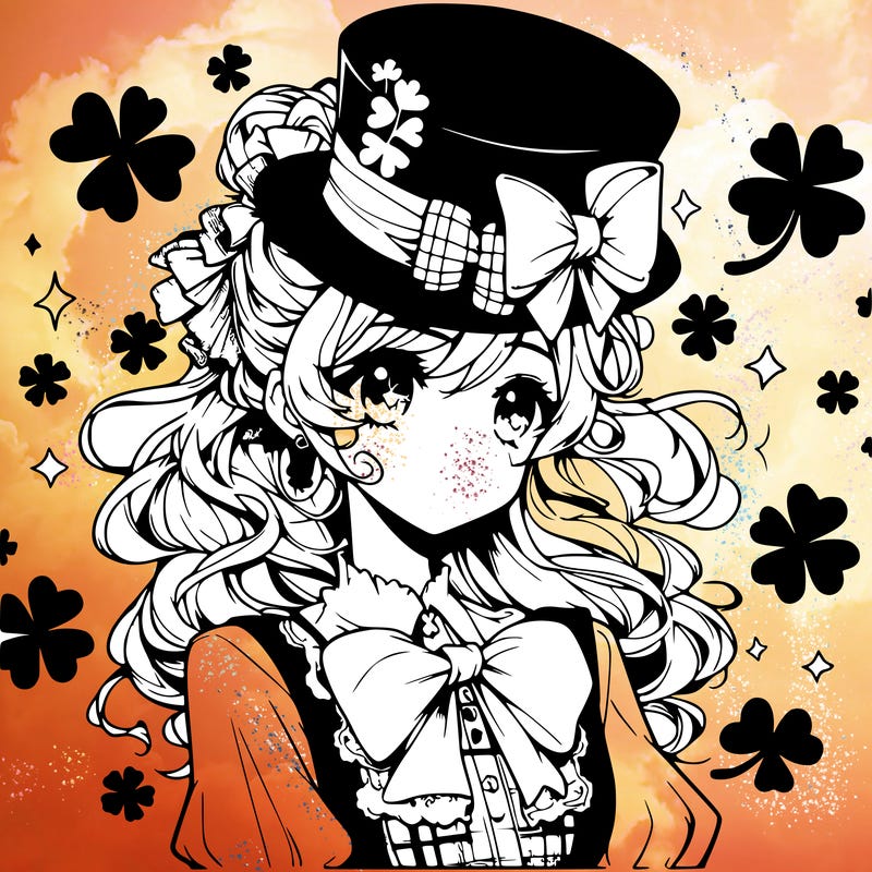 a manga-style girl with clovers around her, a little hat in her hair, like it's saint patrick's day