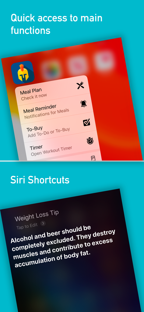 Menú de acceso rápido y consejos de pérdida de peso de Siri en la aplicación Roman.