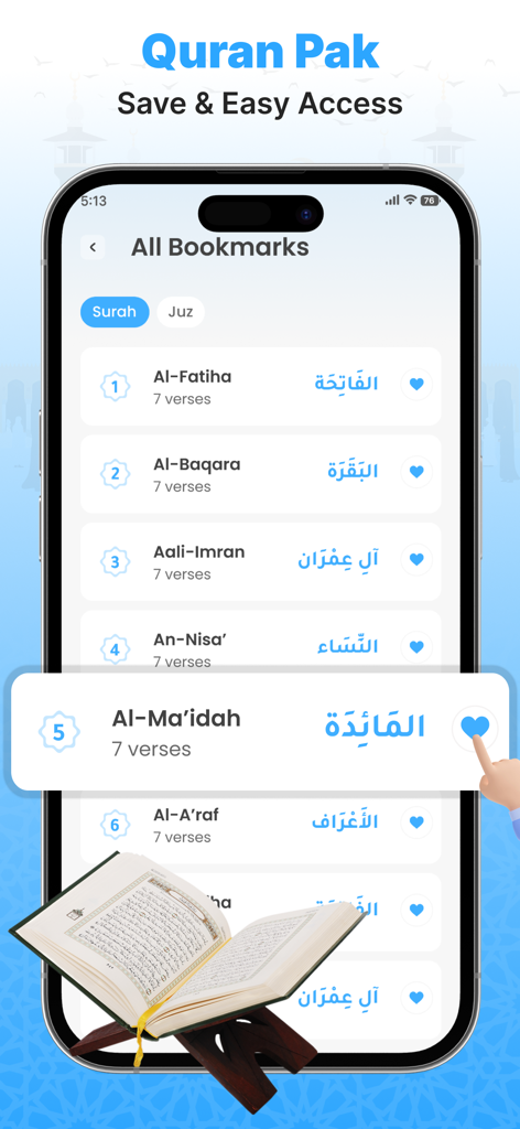 Qibla Finder & Namaz - Mobile screen showing Quran surah bookmarks and favorites feature