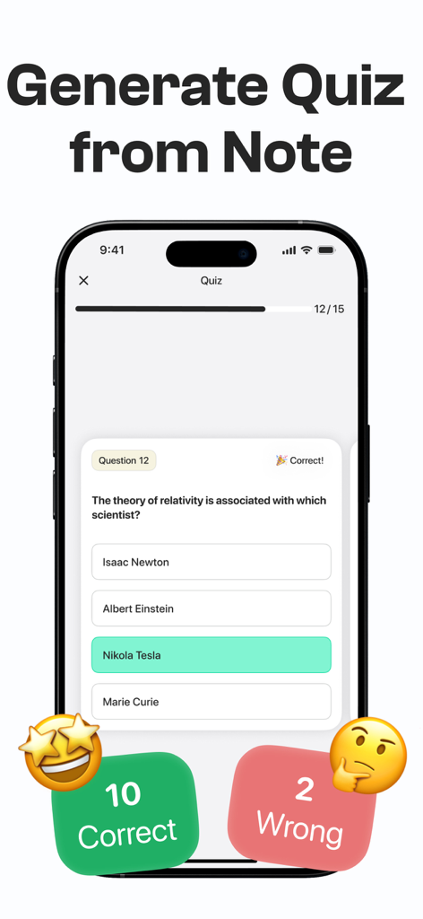 Notee: AI Note Taker - Notee app interface showing a multiple choice quiz generated automatically from notes with score tracking