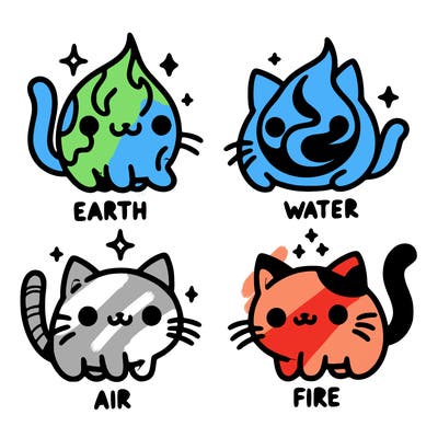 4 cats that represent the different elements, earth, water, air, and fire