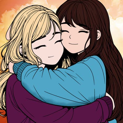 realistic two girls hugging