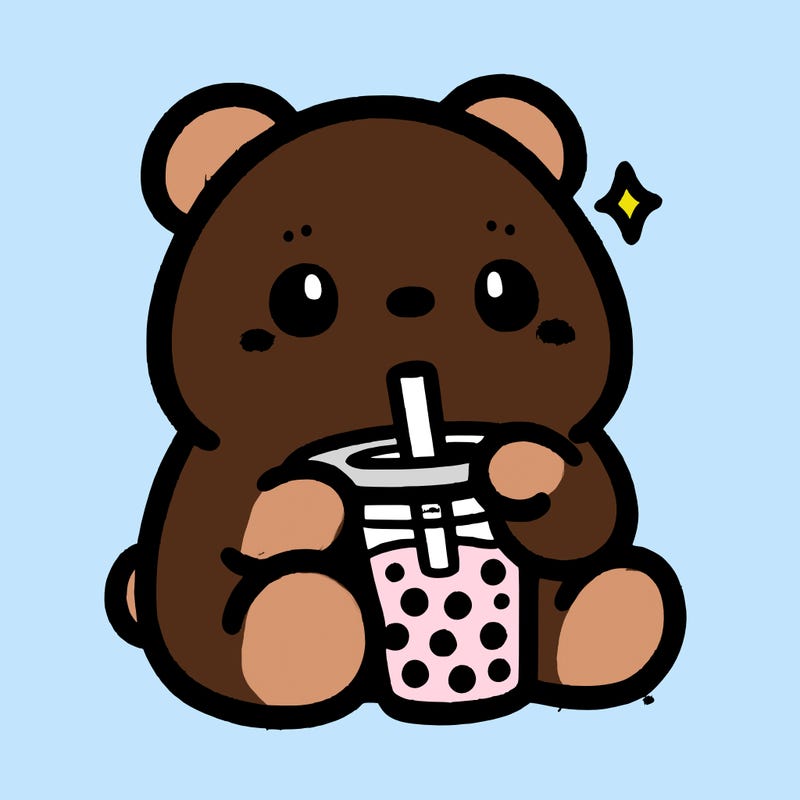 a cute bear drinking boba