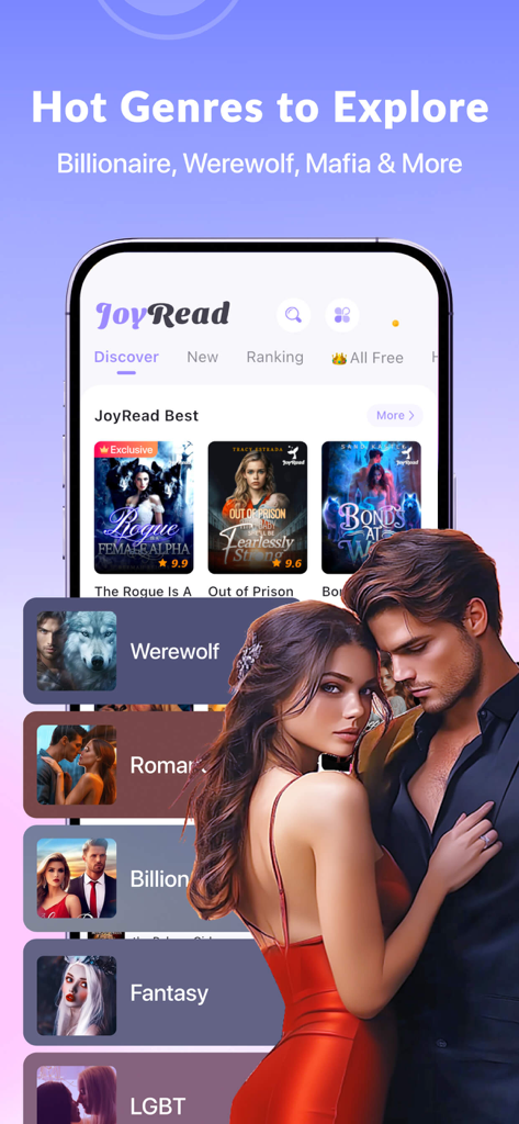 JoyRead mobile app interface showing popular book genres like Werewolf and Billionaire with a romantic couple illustration