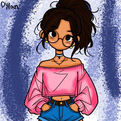 girl with a messy ponytail glasses a baggy crop top and jean shorts