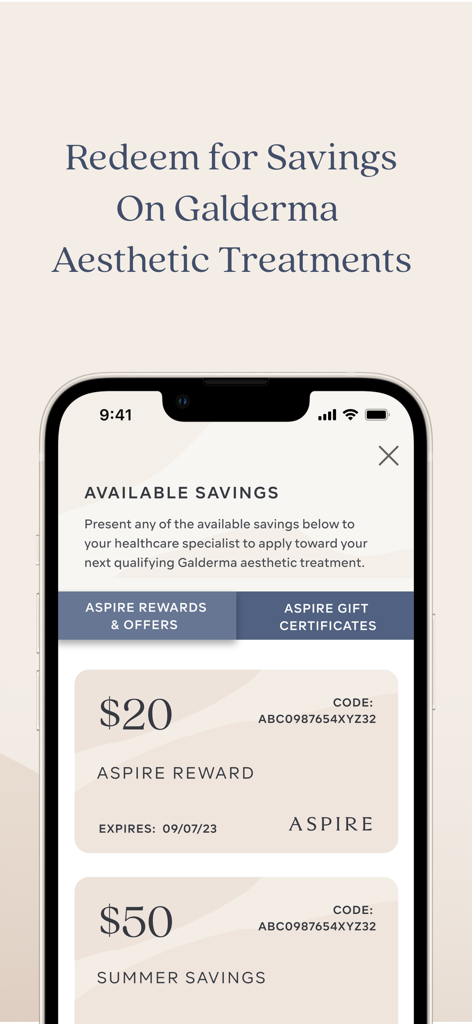 ASPIRE Galderma Rewards - Oberfläche der ASPIRE Galderma Rewards-App, die verfügbare Spar-Coupons und Behandlungsgutschriftcodes anzeigt