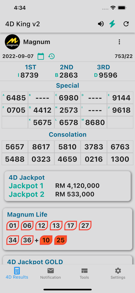 4D King V2 Live 4D Results - Magnum 4D lottery results on 4D King V2 app