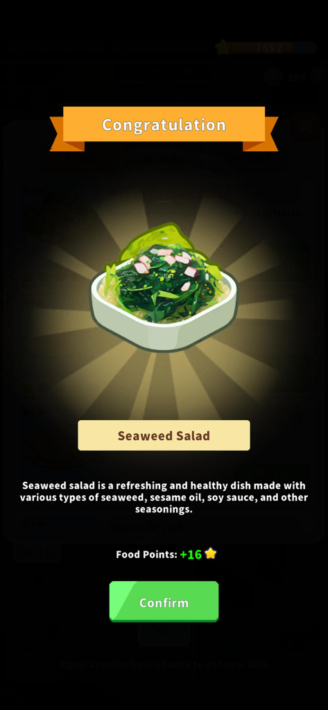 Little Restaurant - Una pantalla de felicitación en el juego Little Restaurant mostrando el plato de Ensalada de Algas Marinas recién desbloqueado