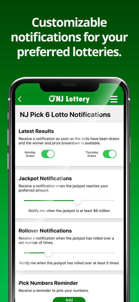 Screen from the NJ Lottery app showing customizable notification settings for draw results and jackpot alerts