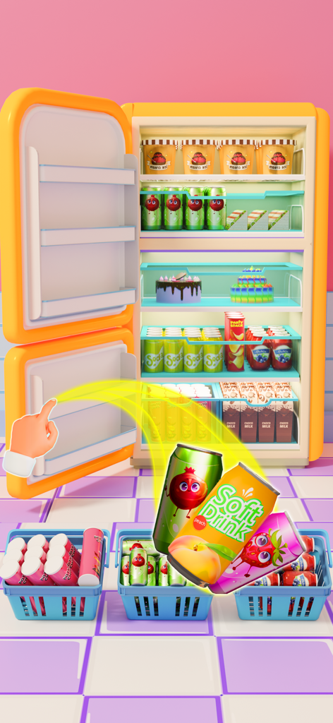 A hand organizing colorful soda cans and snacks into a 3D refrigerator in a mobile puzzle game.