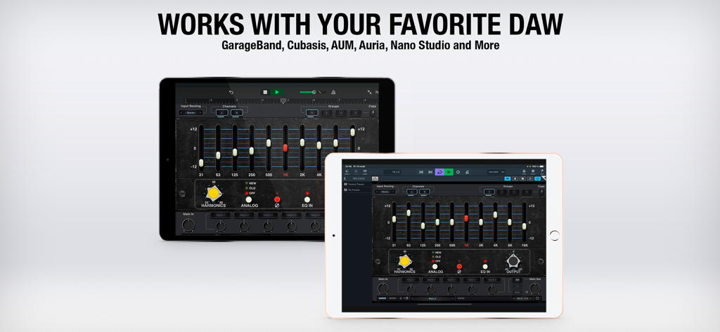 Plugin AUv3 de ecualizador gráfico EQ560 ejecutándose en iPads en varias aplicaciones host DAW como GarageBand y Cubasis