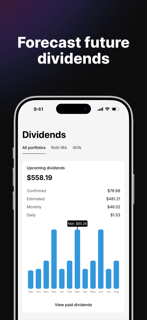 Dividend Tracker - Plainzer - Dividend Tracker Plainzer app screen showing upcoming dividends total and a monthly forecast bar chart.