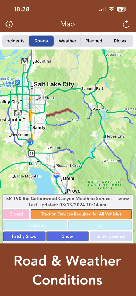 UDOT Road Conditions - Map view of the UDOT Road Conditions app showing winter road status and snow alerts for Salt Lake City and surrounding canyons