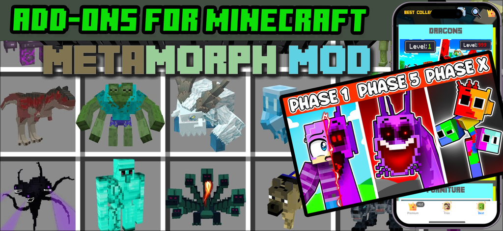Best Add-ons for Minecraft Mod - 다양한 몬스터와 캐릭터 진화 단계를 특징으로 하는 Minecraft용 Metamorph Mod 옵션을 보여주는 스크린샷