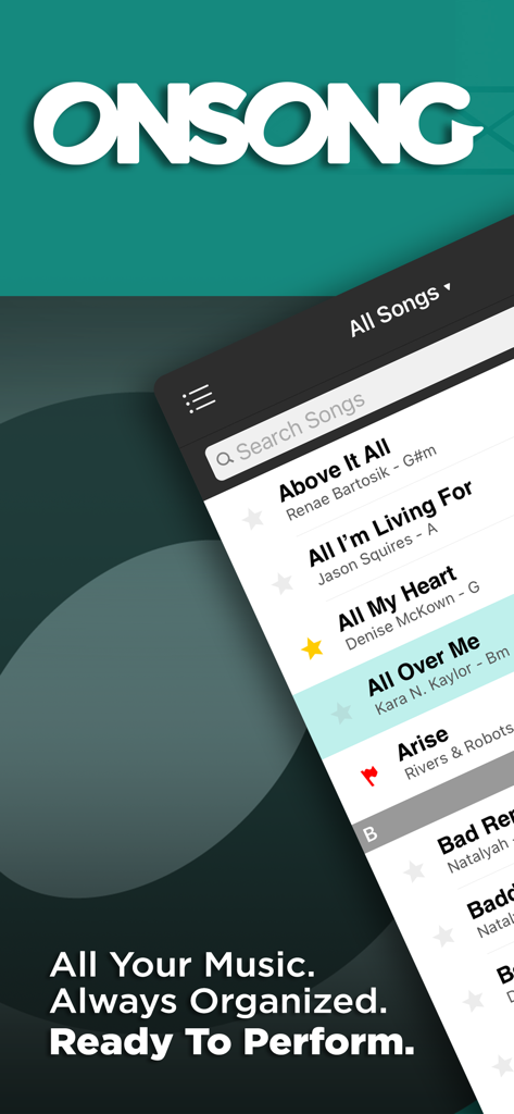 OnSong 2026 app interface displaying a searchable digital song library on a mobile device