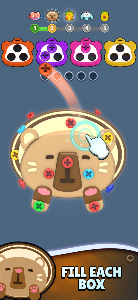 Gameplay screen of Color Bolts Sort showing a hand unscrewing colored bolts from a capybara character to fill matching color containers.