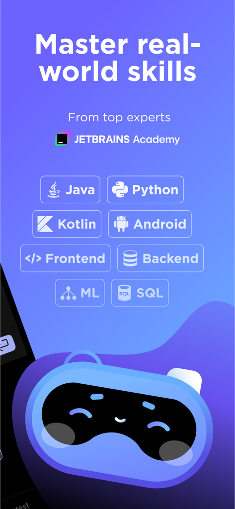 Hyperskill: Learn to Code - Hyperskill app interface displaying various programming languages including Python Java and SQL for professional skill development