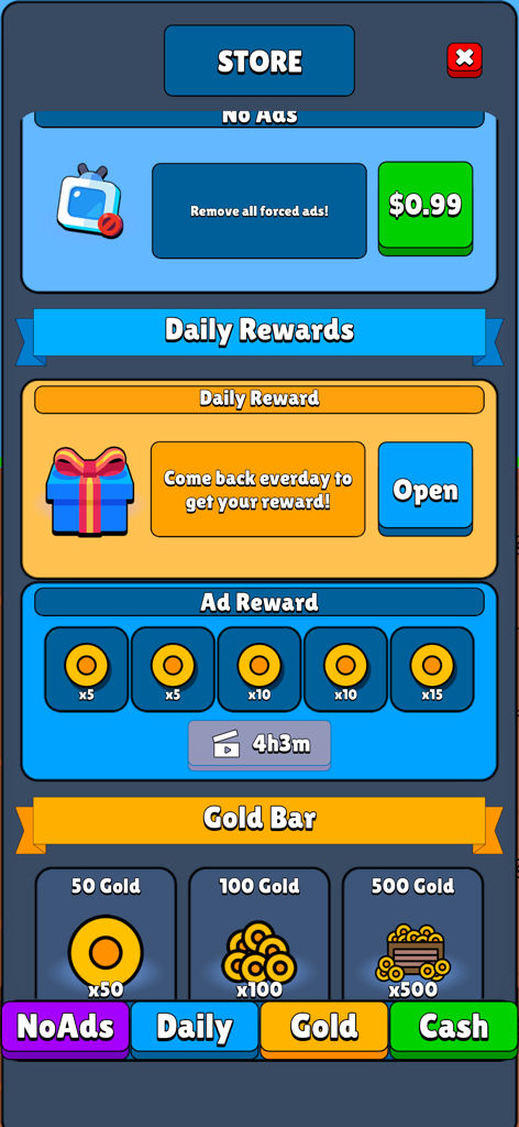 Menú de la tienda del juego para Mining Empire Idle Tycoon con recompensas diarias y paquetes de moneda