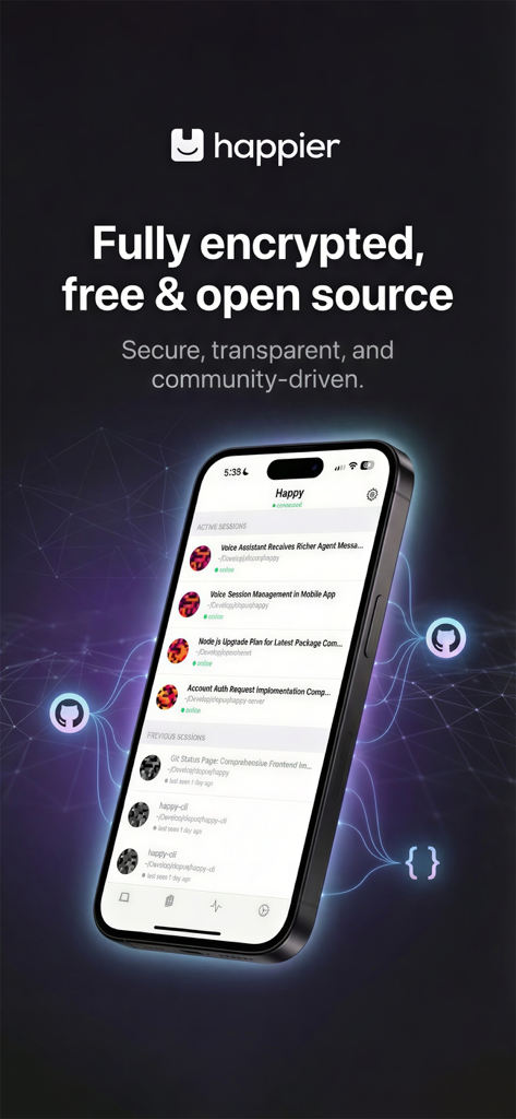 Happier: Claude Codex OpenCode - Smartphone screen showing the Happier app dashboard with active and previous encrypted AI coding sessions.