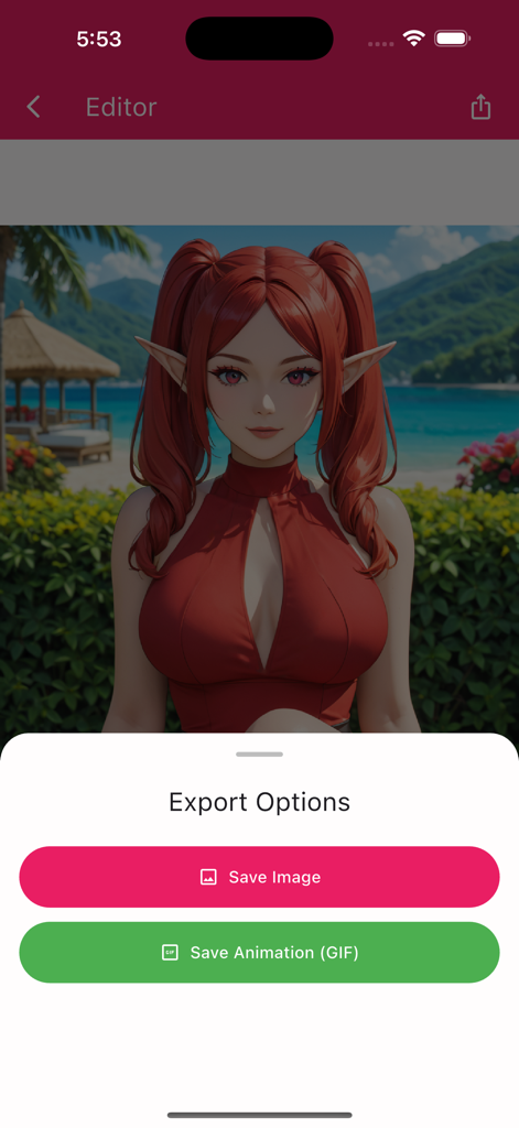 Live 3D Photo Animator Editor - Export options menu in the Live 3D Photo Animator app showing Save Image and Save Animation GIF buttons.