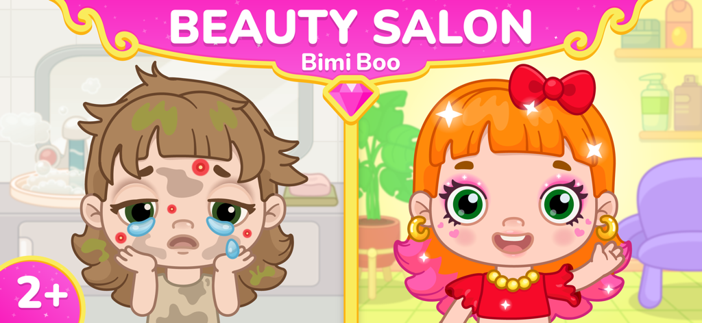 Character transformation from messy to styled in Bimi Boo Beauty Salon app