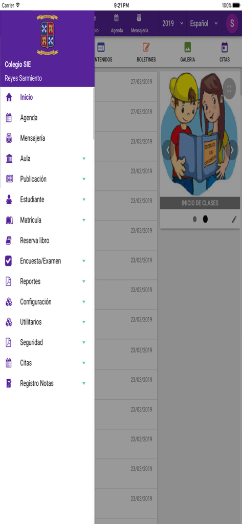 SieWeb - Sidebar navigation menu of the SieWeb mobile app showing various educational and administrative modules