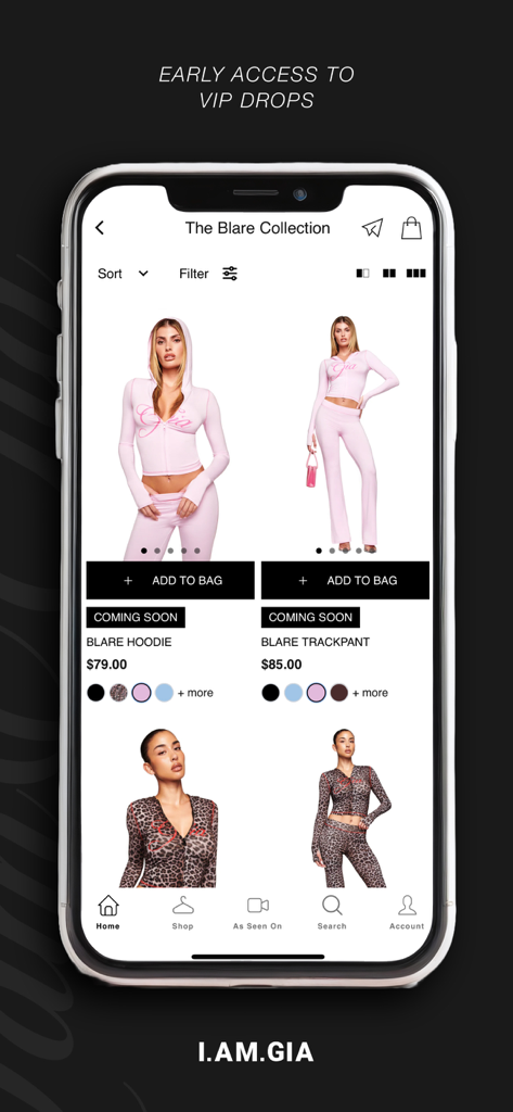 I.AM.GIA US & Canada - I.AM.GIA mobile app interface displaying the Blare Collection with early access to VIP drops.