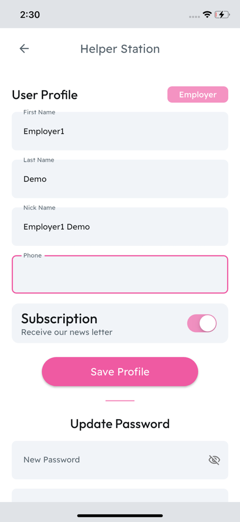 Helper Station - Pantalla de perfil de usuario empleador en la aplicación Helper Station que incluye campos de nombre, entrada de teléfono y configuración de suscripción.