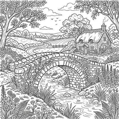Discover the charm of a rustic arch bridge nestled in a picturesque cottagecore landscape. This delightful coloring page invites you to unwind and bring to life a tranquil rural scene filled with natural beauty.