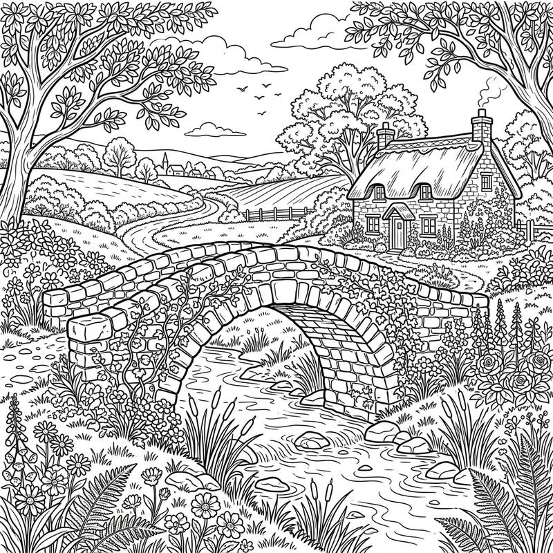 Discover the charm of a rustic arch bridge nestled in a picturesque cottagecore landscape. This delightful coloring page invites you to unwind and bring to life a tranquil rural scene filled with natural beauty.